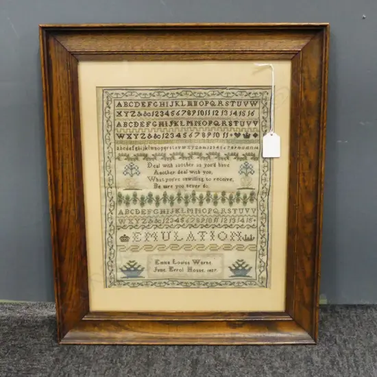 FRAMED SAMPLER, EMMA LOUISA WARNE. JUNE. ERROL HOUSE. 1827 295x245mm