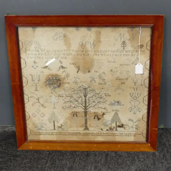 ANTIQUE FRAMED SAMPLER, MARIA WATSON (STAINS) 400x415mm
