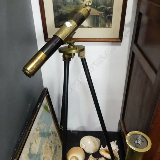 C. 19thC BRASS TELESCOPE w. BRASS MILITARY METAL STAND H.1230mm; Telescope single draw w. engraved markings, L.530mm