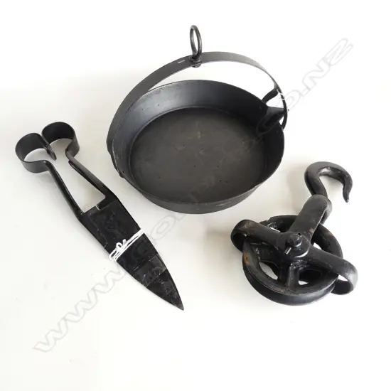 INDUSTRIAL PULLEY L.250mm, SHEFFIELD HAND SHEARS & CAST IRON DISH Dia.240mm