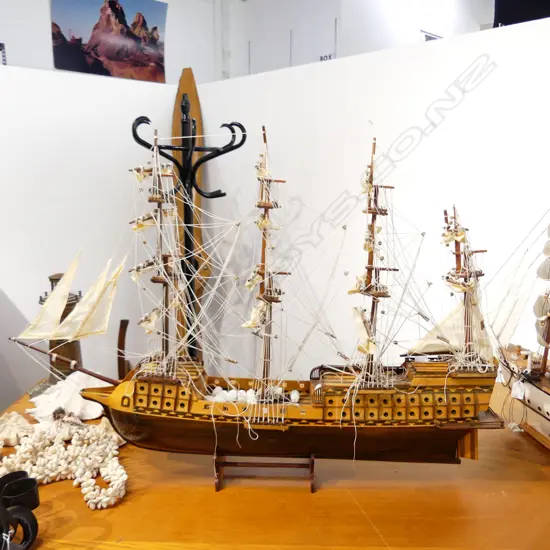 LRG. 4 MAST MODEL SHIP OF WAR; On Stand, 900x140x660mm, faults