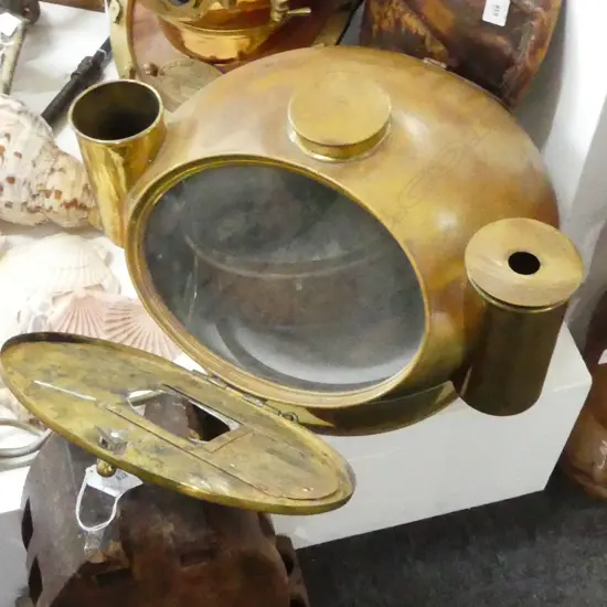 BRASS CASED BINNACLE DOME; w. DAMGED COMPASS, 530x400x270mm
