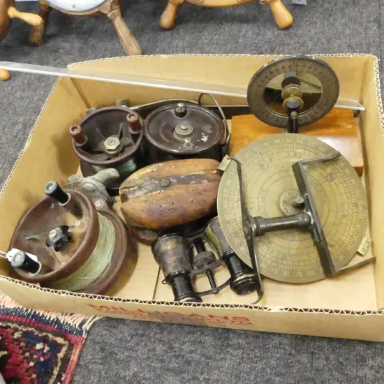 3 FISHING REELS, PULLEY BLOCK, BINOCULARS, 'PHILIP HARRIS Ltd' DRIP CIRCLE, etc