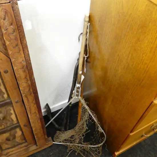 VINTAGE BOAT HOOK L.1330mm, GAFF, CAST METAL ANCHOR & FISHING NET (faults) 