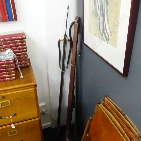 2 EARLY(?) WOODEN CUSTOM(?) FISHING SPEAR GUNS; 3 Spears, L.1360mm