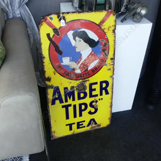 OLD ENAMEL SIGN,'AMBER TIPS TEA' , 'GEO HADFIELD & CO WELLINGTON NZ' TO BASE, SOME LOSS 880X60mm