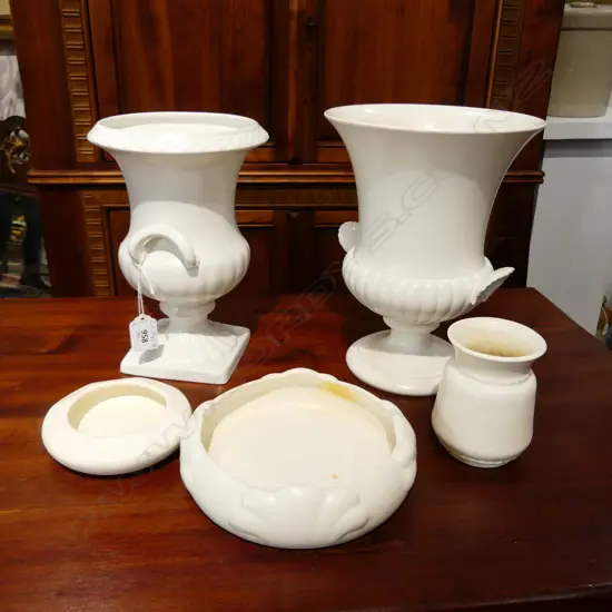 5 WHITE VASES; WEDGWOOD H.245mm, SHORTER & SONS URN, 2 CROWN LYNN (1 CHIP), OTHER
