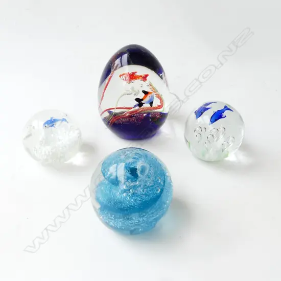 4 ART GLASS PAPER WEIGHTS; 1 SIGNED, H.110mm