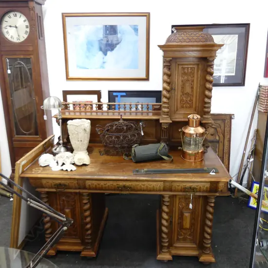 PEDESTAL GALLERY BACKED OAK DESK, Barley Twist, Paneled, 