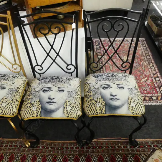 PR BLACK METAL DINING CHAIRS w. FORNASETTI STYLE SEAT
