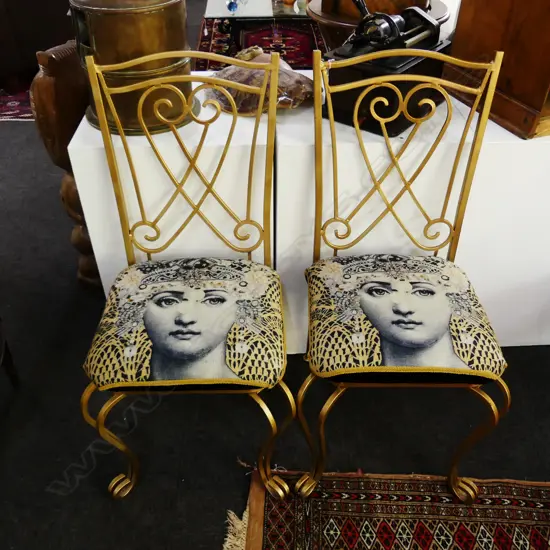 PR GOLD METAL DINING CHAIRS w. FORNASETTI STYLE SEAT
