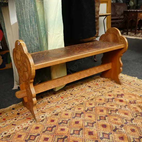 CHIP CARVED BENCH w. EMBOSSED LEATHER SEAT 890x330x520mm