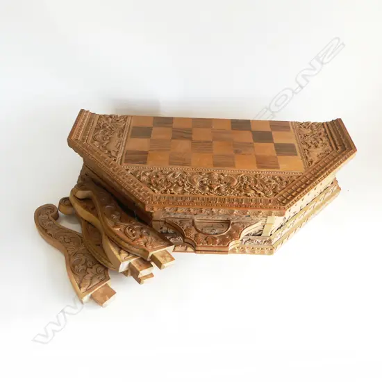 CARVED INDONESIAN FOLDING GAMES TABLE; 660x660x340mm