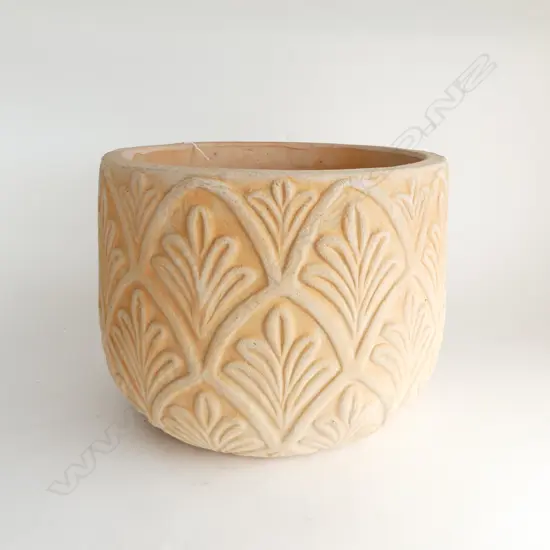TERRACOTTA GARDEN PLANTER panelled radiating leafy pattern Dia.400mm