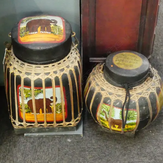 TWO WOODEN VINTAGE RICE BINS; LARGEST H.470mm