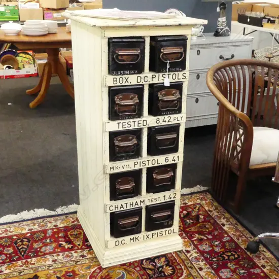 BRITISH MILITARY LOCKBOX CABINET; SOME DATING 1941-42, 500x560x1150mm