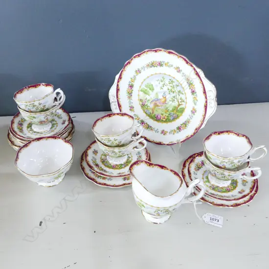 ROYAL ALBERT 'CHELSEA BIRD' TEA SET; 6 TRIOS, MILK, SUGAR, CAKE PLATE