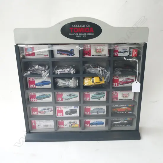  COLLECTION OF TOMICA DIECAST CARS w. DISPLAY CABINET
