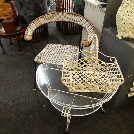 RETRO CHAIR, WHITE METAL DEMILUNE SIDE TABLE W.650mm & BASKET