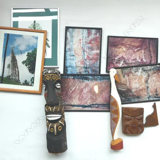 CARVED MOAI FIGURE, PAINTED BIRD ORNAMENT H.470mm, 4 ABORIGINAL PRINTS, etc