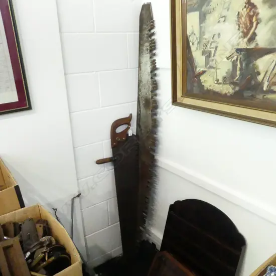 LG. VINTAGE WOODEN SAW L.1050mm, 2 LARGE SAW BLADES L.1680mm