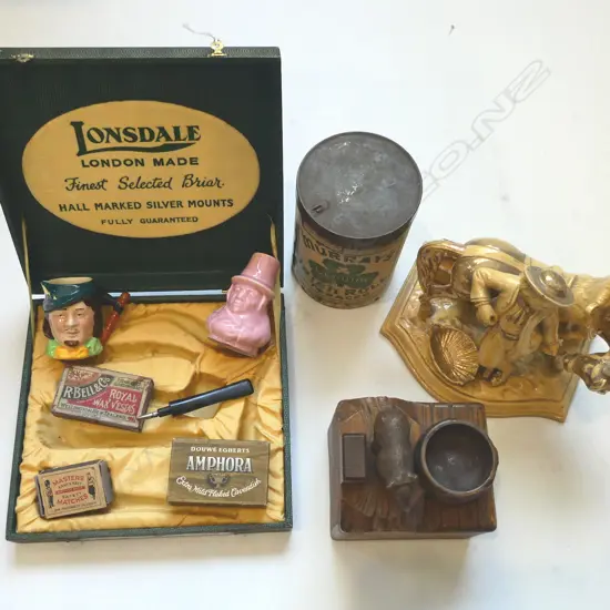 MURRAYS IRISH ROLL TOBACCO, CARVED BEAR MUSICAL SMOKERS BOX, MINI CHARACTER JUG ETC