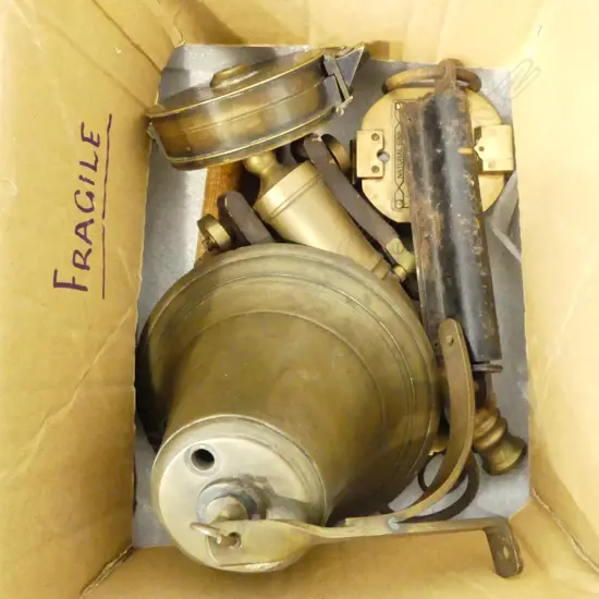 BRASS MINI. CANNON & BELL, EARLY SALTER POCKET BALANCE w. GERMAN MAKE,  BRASS RULER & EARLY WOODEN RULER w. LEVEL, etc