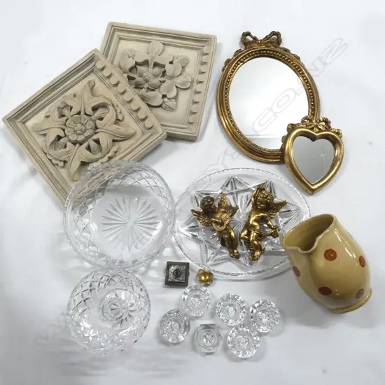 3 CRYSTAL PCS 2 SMALL GILT MIRRORS 2 CUPIDS 2 WALL PLAQUES & COTTAGE JUG ETC