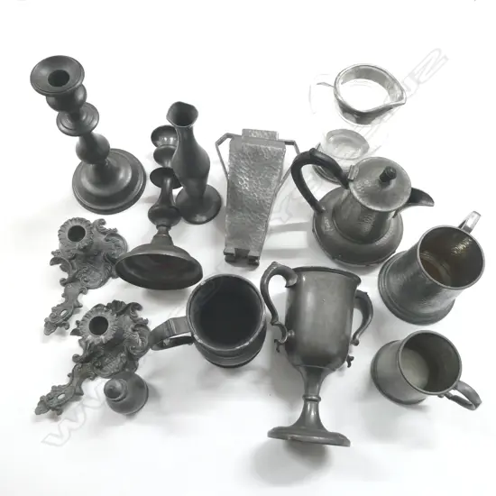 ASST. PEWTER; JUGS, 2 CANDLE STICKS, SCONCE, etc