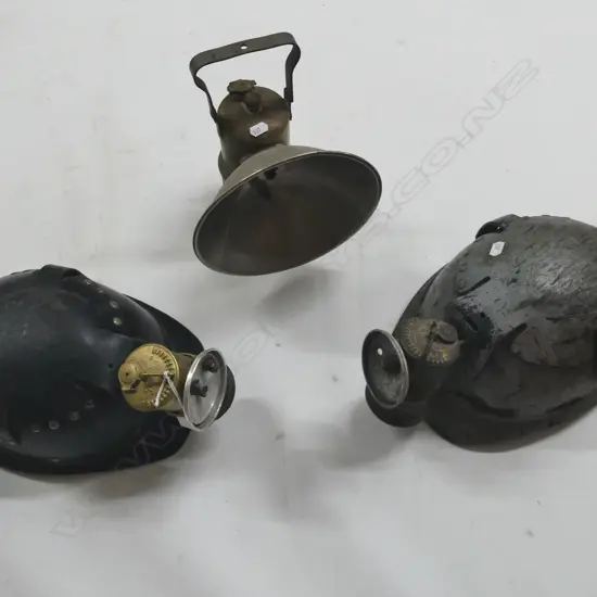2 BRITISH MINER HELMETS WITH PIT PONY LAMP H.210mm