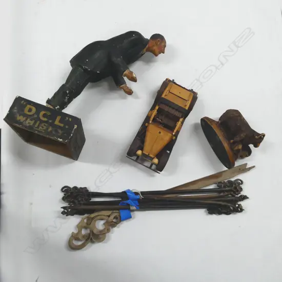 ASST. ITEMS; D.C.L. WHISKEY FIGURE, WOODEN CAR ETC