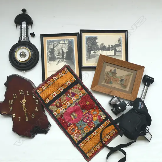 BAROMETER (FAULT), WOODEN CREATIONS CLOCK, KODAK CAMERA w. CASE, TAPESTRY, W/C, etc