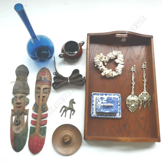 TRAY & COLLECTABLES; ATHLO WARE, BLUE GLASS VASE, LEATHER BELT, etc