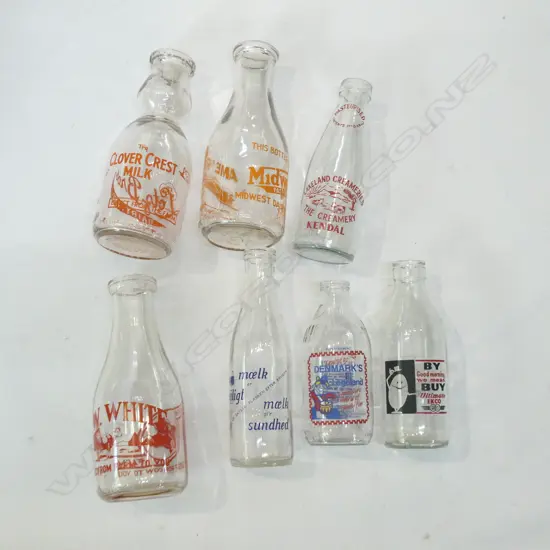 7 GLASS MILK/CREAM BOTTLES; MIDWEST, F.W. WHITE, DENMARK'S LEGOLAND, etc