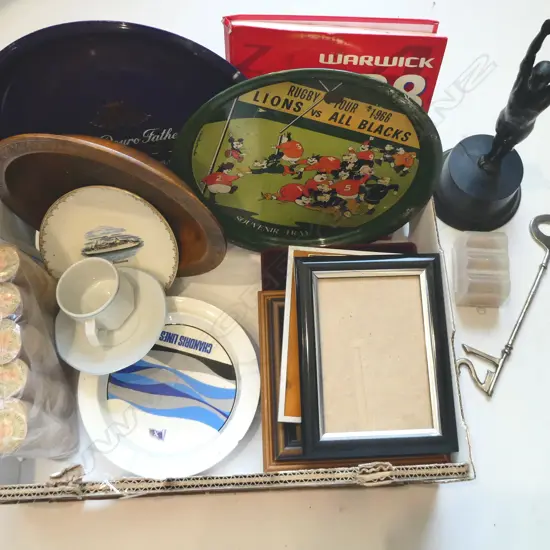 1966 ALL BLACKS TRAY, NZ MILK TOKENS, FRAMES, BEER LABELS, DIVING TROPHY ETC