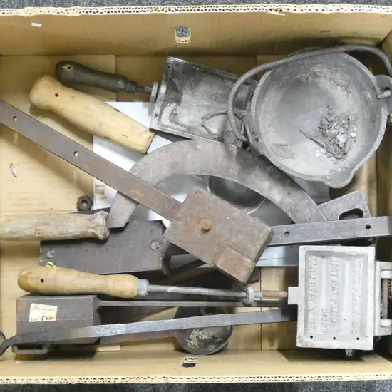 ASST. METAL WORKING TOOLS; FISHING SINKER CASTS, CAULDRON, etc