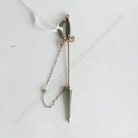 Edwardian 9ct YELLOW GOLD & POUNAMU SWORD BROOCH seed pearl highlights 4gms