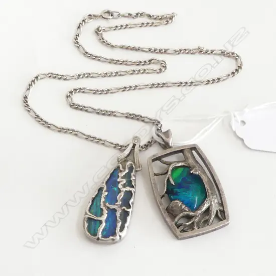 2 HAND MADE SILVER & OPAL PENDANTS + 1 CHAIN: 1 SOLID LGE OPAL; good blue & green tone the other a doublet
