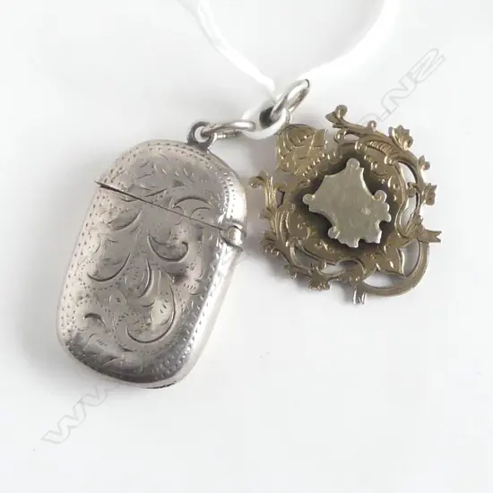 c1900 SILVER VESTA + FANCY SILVER FOB MEDALLION fret cut scrolls. Both w suspension rings. 25.7gms