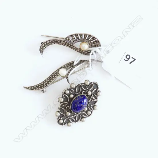 3 SILVER BROOCHES: 2 MARCASITE + 1 LAPIS type w wire & bead decoration