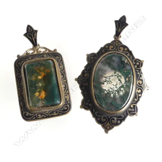 2 MOSS AGATE MOURNING BROOCHES 50x35mm