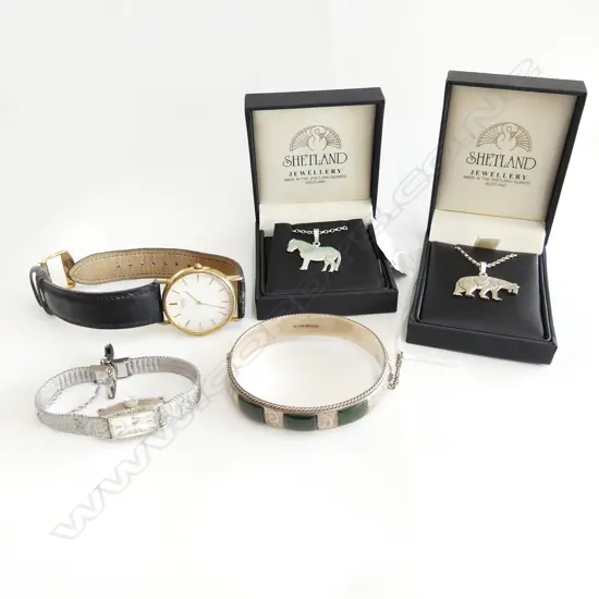 2 WRIST WATCHES, 2 STG SILVER 'SHETLAND' NECKLACES, STG & JADE BANGLE