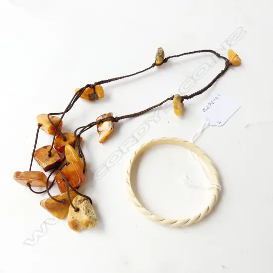 IVORY & 14CT BANGLE + AMBER NECKLACE