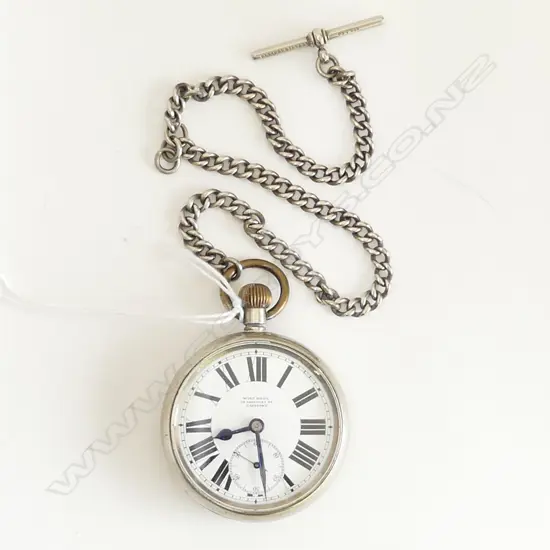 SILVER OPEN FACED POCKET WATCH dial named 'Wolf Bros 34 Adderley St Capetown' with CURB LINK CHAIN 
