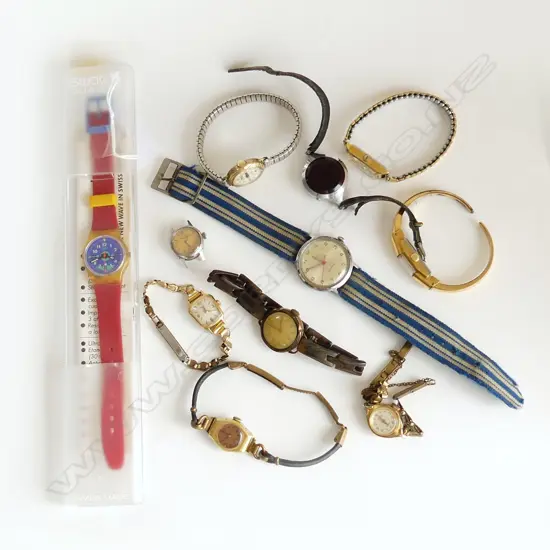 8 VINTAGE LADIES WATCHES SOME 10ct ROLLED GOLD, 1 VINTAGE GENT'S TIMEX & 1 SWATCH WATCH