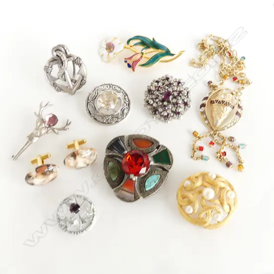 8 COSTUME BROOCHES, NECKLACE & PR EARRINGS