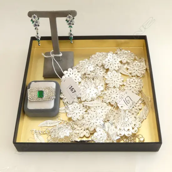 3 PCS; FILIGREE BELT, BROOCH & GRN/WHT DROP EARRINGS, NEW