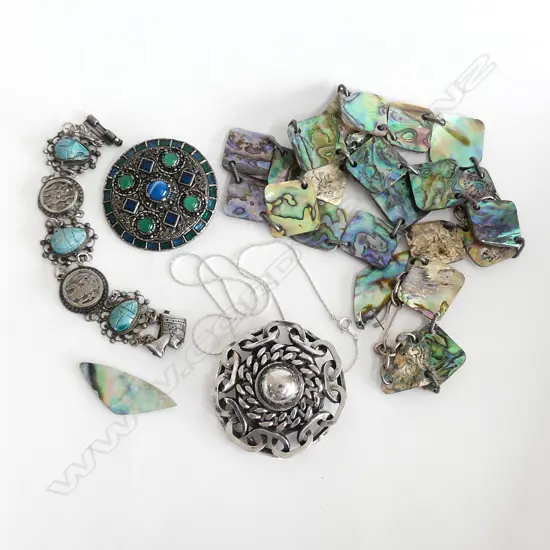 ASST COSTUME JEWELLERY; PAUA NECKLACE w. EARINGS, EGYPTIAN STYLE BRACELET, 2 BROOCHES