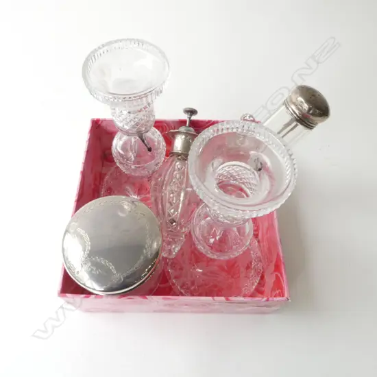 7 PCES; 2 STG LIDDED CONTAINERS, 2 PERFURME BOTTLES, STG MUSTARD SPOON, PR CRYSTAL CANDLESTICKS H.185mm