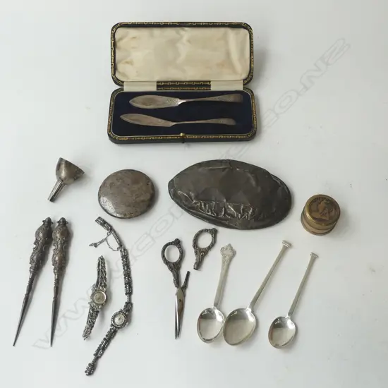 ASST. STG SILVER, 108gms + 2 MARCASITE WRIST WATCHES, COIN & PENNY BOX